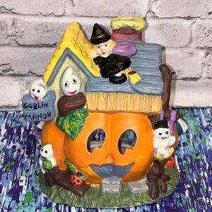 Halloween Pumpkin JOL House Ceramic Holiday Tea Light Holder Ghosts Witch Decor